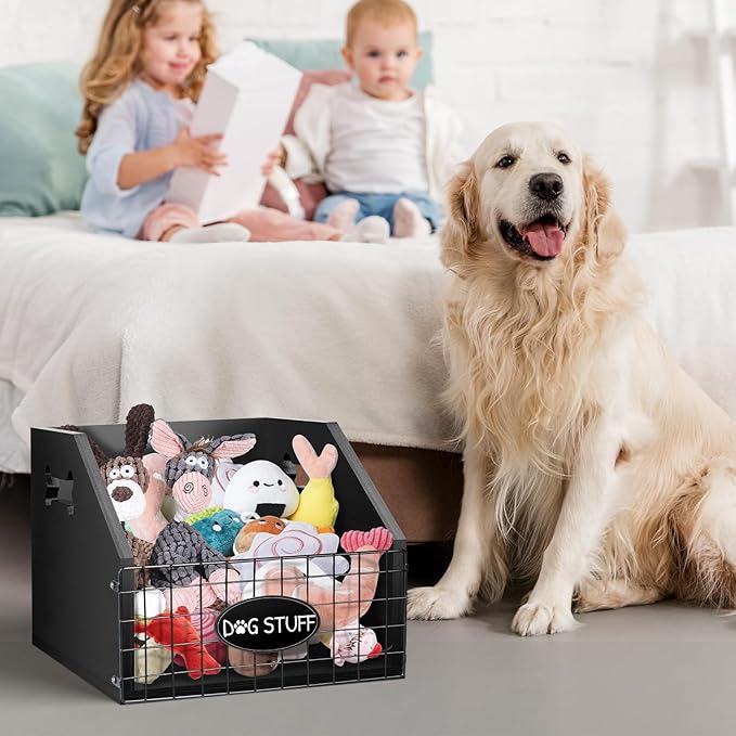 Dog Toy Bin - Large Wooden Dog Toy Box - Organizer & Storage for Puppy Leash, Blanket, Food & Accessories