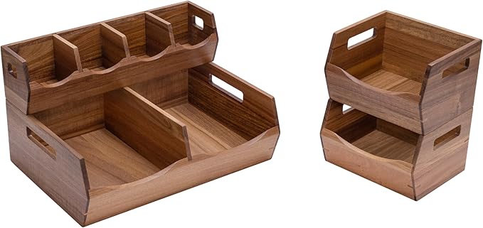 Seville Classics Acacia Wood Premium Organizer Storage Bins for Kitchen Silverware, Pantry, Closet, Office Desk, Pens, Utensils, Makeup, K Cup, Acacia, Stackable Bin Set (4 Piece)
