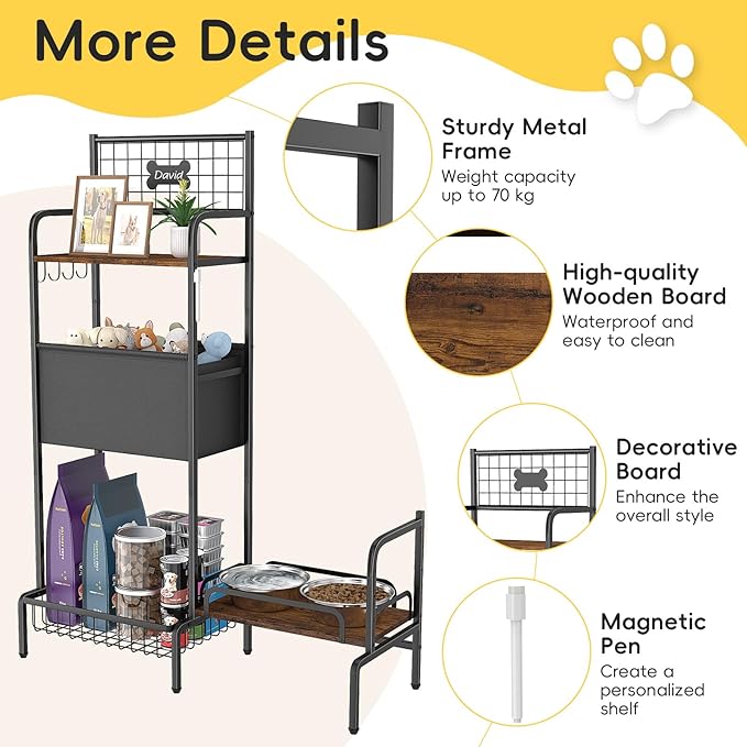 Elevated Dog Bowl Stand, Adjustable Raised Dog Stand, Pet Feeding Station Cabinet with Storage Organizer, Large Toy Bin Basket, Lifted Food and Water Bowl Holder for Large Medium Small Breed