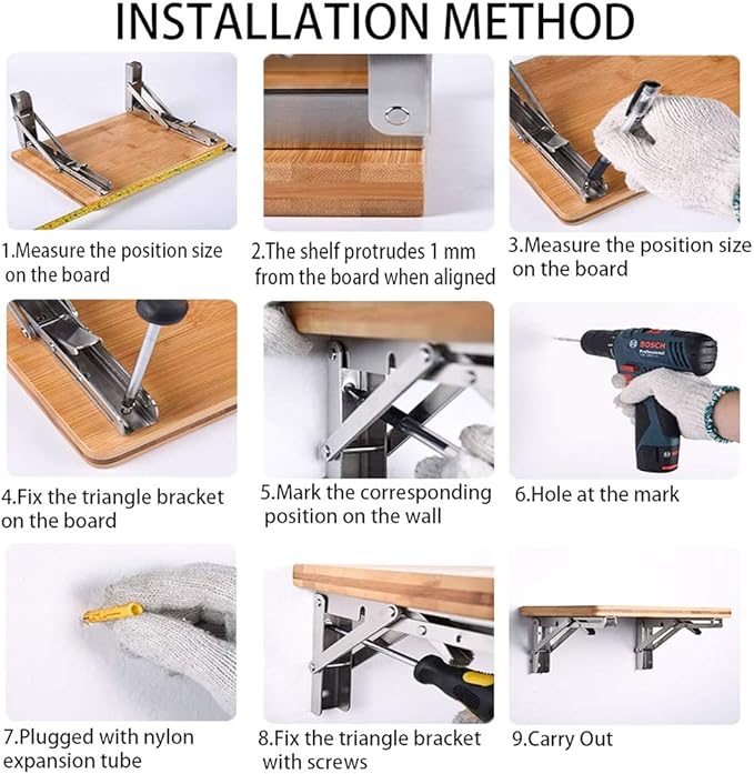Storystore Folding Shelf Brackets - 8 Inch Heavy Duty Stainless Steel Collapsible Shelf Bracket for Bench Table, Space Saving DIY Bracket, Max Load: 550lb (4 PCS)
