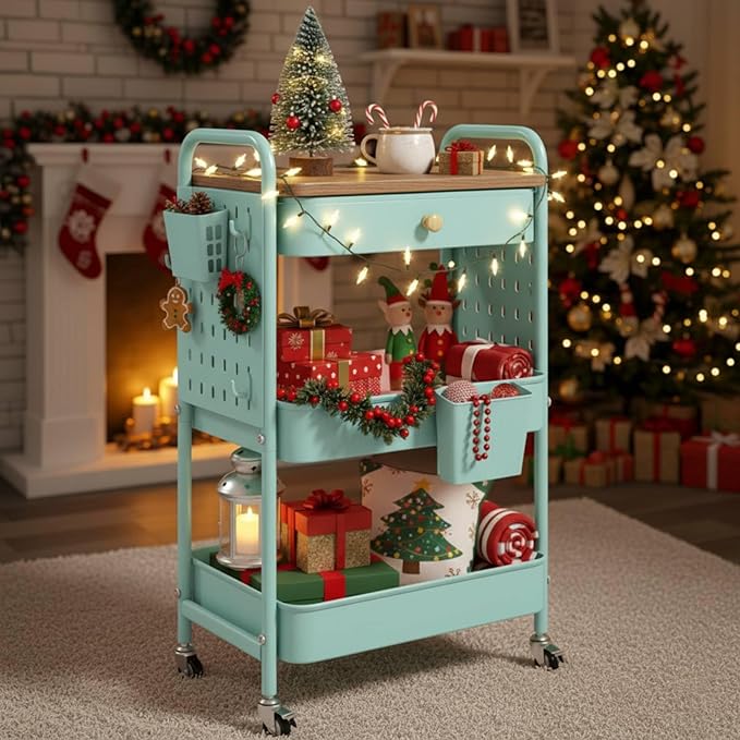 danpinera 3 Tier Rolling Cart, Metal Utility Cart with Wooden Table Top & DIY Pegboard, Rolling Carts with Drawer, Storage Cart Craft Cart with Hooks & Hanging Cups for Kitchen, Bathroom, Office