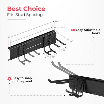 TIDYME Garage Wall Organizer | 32" Heavy-Duty Tool Storage Rack | Adjustable Double-Layer Hooks | 200 lbs Capacity | Carbon Steel Wall Mount Holder for Shovels, Rakes, Ladders & Power Tools