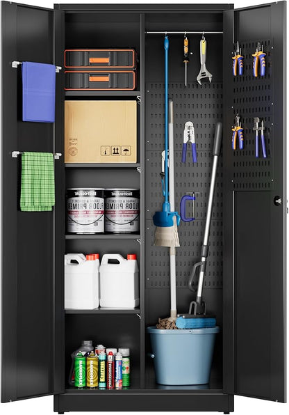 Metal Broom Closet Storage Cabinet, Garage Storage Cabinet with 5 Pegboard, Hanging Rod &13 Hooks for Garage Home,Black,Required Assembly,71.5" H x 31.5" W x 15.75" D