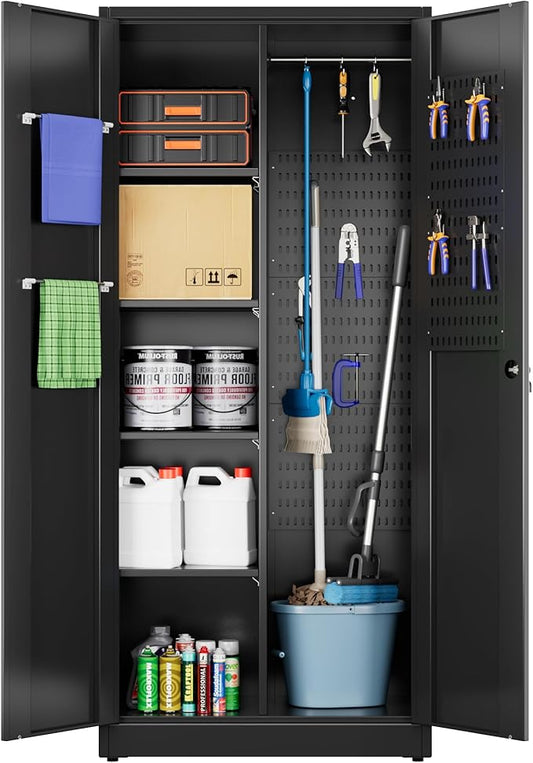 Metal Broom Closet Storage Cabinet, Garage Storage Cabinet with 5 Pegboard, Hanging Rod &13 Hooks for Garage Home,Black,Required Assembly,71.5" H x 31.5" W x 15.75" D