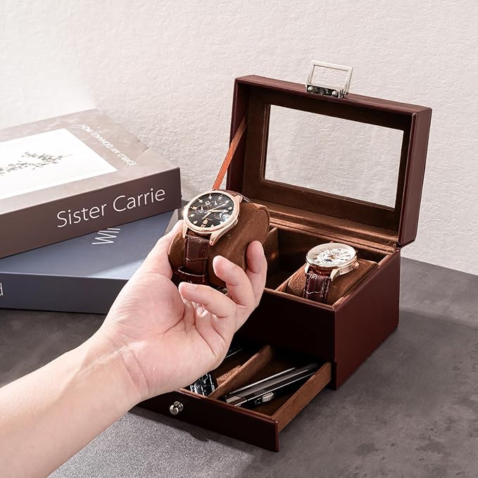 ProCase Watch Box, 3 Slot Watches Display Case with Drawer, Mens Watch Case with Glass Lid, 2-Layer Mens Jewelry Organizer Storage Holder, Birthday Valentine Gifts for Men-3 Slot, Espresso