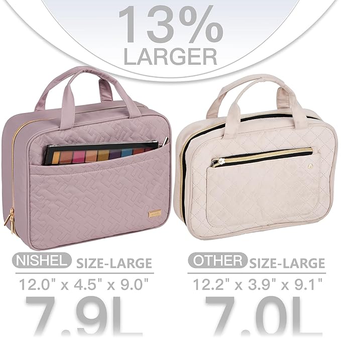 NISHEL Travel Toiletry Bag for women, Portable Hanging Organizer for Full-Sized Shampoo, Conditioner, Brushes Set, Makeup Accessories, Large Size, Peach Pink