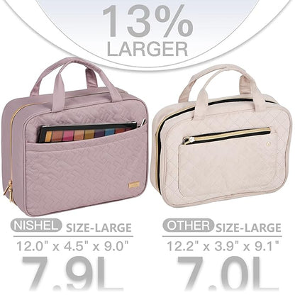 NISHEL Travel Toiletry Bag for women, Portable Hanging Organizer for Full-Sized Shampoo, Conditioner, Brushes Set, Makeup Accessories, Large Size, Peach Pink
