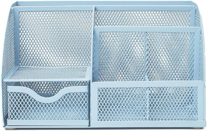 Annova Mesh Desk Organizer Office with 7 Compartments + Drawer/Desk Tidy Candy/Pen Holder/Multifunctional Organizer (New Blue23)