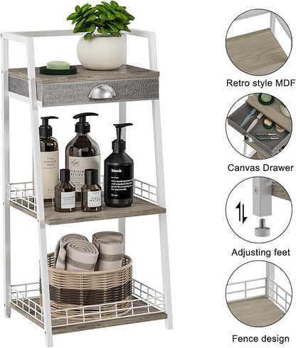 keomaisyto 3-Tier Small Bathroom Shelves with Drawer, Floor Storage Shelf, Small Bathroom Stand Rack, Freestanding Ladder Shelf for Living Room Bedroom, White