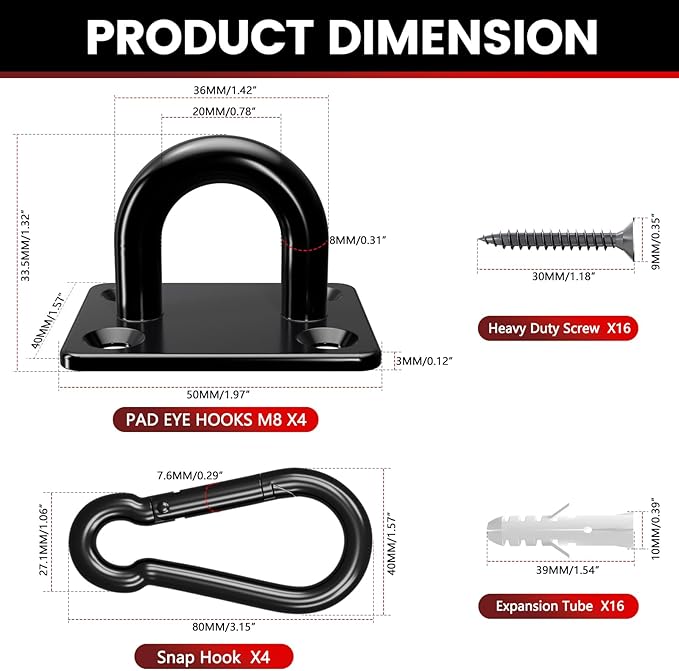 sprookber 304 Stainless Steel Pad Eye Snap Hooks, M8 Heavy Duty Ceiling Hooks, 1200 lb Capacity Hammock Swing Hanging kit, Plant Hangers, Marine Hardware Staple Hook Loop with Screws, Set of 8(Black)