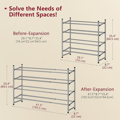 Tajsoon Expandable Shoe Rack for Closet 4 Tier, 29“-41“Adjustable & Stackable Shoe Shelf Storage, Metal Shoe Rack Organizer for Front Door Entrance, Closet, Garage, Entryway, Grey