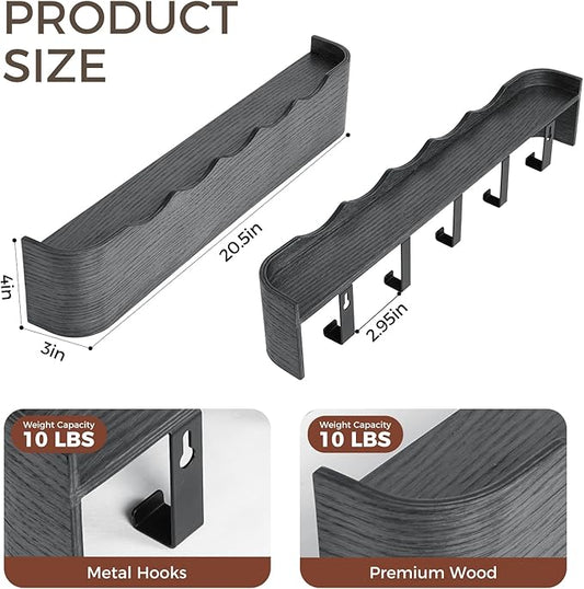 Wall Coat Rack Floating Shelves Modern Coat Rack Wall Mount with Storage Entryway Shelf Wooden Hanger 20 Inch 4 Hidden Metal Hooks for Living Room Bedroom (Wavy Black, 5 Hooks)