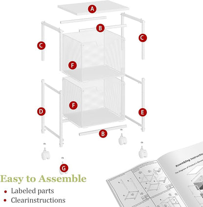 Rolling File Cart with 2 Storage Drawers,Under Desk Storage Cart,Hanging File Folder Organizer with Wheels, Filing Cabinet Mobile Printer Stand Utility Craft Cart for Home Office,White