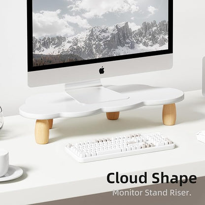 Monitor Stand Riser,Cloud Shape Wood Computer Monitor Stand, 16.5IN Monitor Stand Riser, Multi-Purpose Desktop Organizer Riser for Computer,Laptop,Printer,TV,White