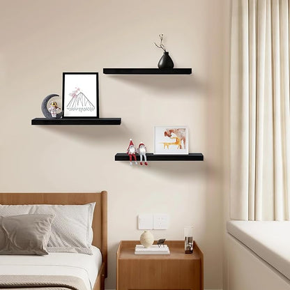Floating Shelves for Wall Set of 3, 16" Black Wall Shelves for Home Decor, Frame Display Floating Shelf for Living Room, Bedroom, Bathroom, Kitchen