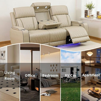 Living Room Furniture Set, Power Reclining Sofa Set, Khaki Leather 3-Seated Recliner Couch with Drop-Down Table, Recliner Sofa with Storage Console/Cup Holder for Living Room/Apt/Office