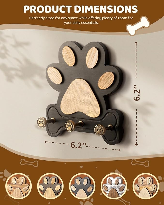 MTERSE Pine Wood Key Holder Wall Mount – Cute Dog Paw Key Hooks for Dog Leash Holder & Coat Rack for Entryway, Bedroom, or Living Room – Rustic Farmhouse Wall Decor for Home Organization (Black)