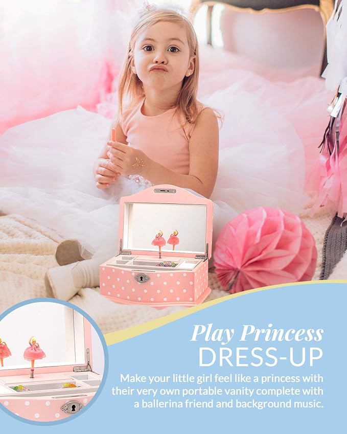 Elle Jewelry Box - Ballerina Jewelry Organizer and Swan Lake Wind-Up Music Box for Girls and Teens, Accessories and Keepsake Wooden Storage with Lock and Mirror, Charming Room Decor and Gift, Large
