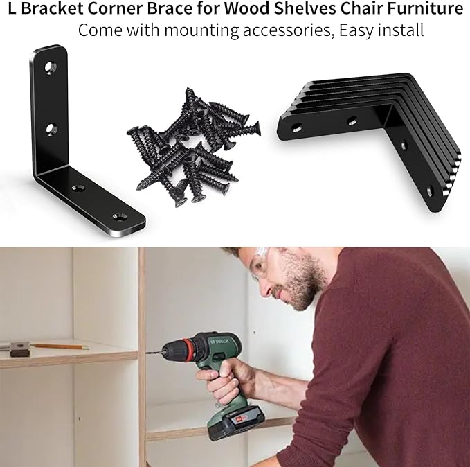 YUMORE L Bracket Corner Brace, 6Pcs 65x65mm Joint Right Angle Brackets Heavy Duty Stainless Steel 90 Degree Bracket Fastener for Wood Shelves Chair Tables Dressers Furniture with Screws, Black