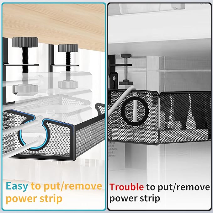 Under Desk Cable Management Tray Black, No Drill Desk Cable Wire Management Organizer with Clamp, PC Cord Organizer Accessories & Workspace for Office, Home