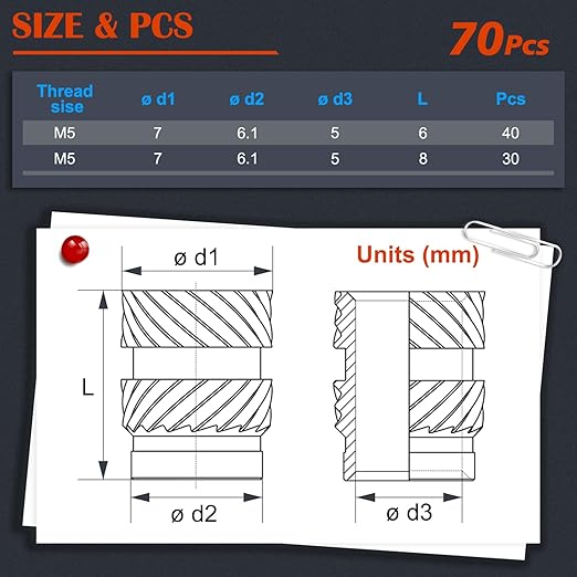 70Pcs M5 Threaded Inserts, M5 Female Thread Metric Knurled Nuts Assortment Kit, Brass Heat Set Insert for Plastic and 3D Printing Components (M5x6x7, M5x8x7)