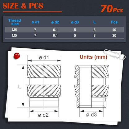 70Pcs M5 Threaded Inserts, M5 Female Thread Metric Knurled Nuts Assortment Kit, Brass Heat Set Insert for Plastic and 3D Printing Components (M5x6x7, M5x8x7)
