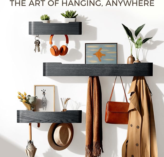 Wall Coat Rack Floating Shelves Modern Coat Rack Wall Mount with Storage Entryway Shelf Wooden Hanger 20 Inch 4 Hidden Metal Hooks for Living Room Bedroom (Black, 5 Hooks)