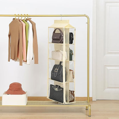 8 Grids in 1 Pack Hanging Purse Handbag Organizer with Double Zippers, Visible Purse Organizer for Closet, Fully Enclosed Purse Storage Holder-Beige