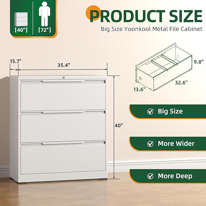 Lateral File Cabinet, 3 Drawer Lateral File Cabinet with Lock, Metal Filing Cabinets for Home Office, White Wide Deep Drawer for Hanging Files Letter/Legal/A4/F4 Size, Printer Stand, Assembly Required