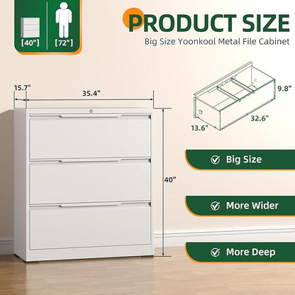 Lateral File Cabinet, 3 Drawer Lateral File Cabinet with Lock, Metal Filing Cabinets for Home Office, White Wide Deep Drawer for Hanging Files Letter/Legal/A4/F4 Size, Printer Stand, Assembly Required
