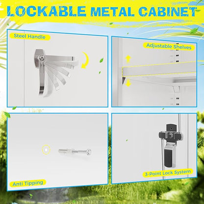Pataku Metal Storage Cabinet, 72" Garage Cabinet with Doors and Shelves Lockable Steel Multifunctional Cabinets, White File Cabinets for Home, Office, Warehouse