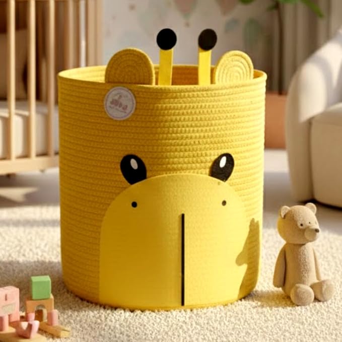 Kids Laundry Basket & Toy Storage Organizer | Large Giraffe Woven Cotton Rope Bin for Stuffed Plushies | Animal Face Hamper with Cutout Handles for Nursery, Playroom & Kid's Bedroom (Giraffe)