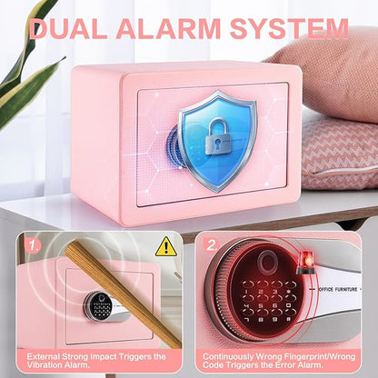 0.6 Cubic Feet Biometric Safe, Fingerprint Safe W/Fireproof Bag, Removable Shelf, Alarm System, Digital Electronic Money Box for Cash, Document, Home, Hotel Use,Pink, 9.84"D x 13.78"W x 9.84"H