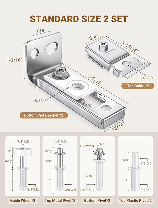 Bifold Door Hardware Repair Kit, 2 Set Bi-fold Sliding Closet Doors Replacement Parts with Top & Bottom Brackets, Pivots & Guides Wheel, Closet Door Hardware Kit for Folding Pocket & Accordion