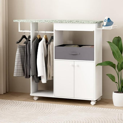 Rolling Ironing Board with Storage Cabinet, Wooden Ironing Board Cabinet with Drawer, Compact Space-Saving Ironing Table with Iron Rest Rack for Laundry Room, Living Room (One Size, Leaf)
