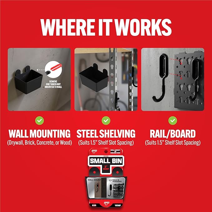 Smart T Pegboard Bin Attachment | 2" Deep Bin for Tool Organization | Add to Your Garage Pegboard, Space Saving Tool Holder - Wall Mount or Shelving Hooks