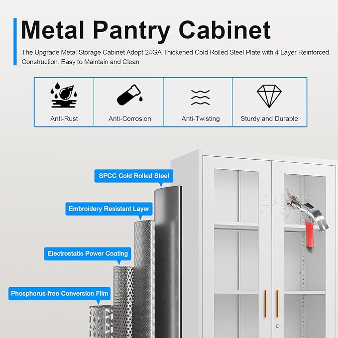 Display Cabinet with Glass Doors, 71'' Tall Curio Cabinets with Lock, Metal Glass Display Case for Collectibles, Living Room, School, Commercial, White, Assemble Required