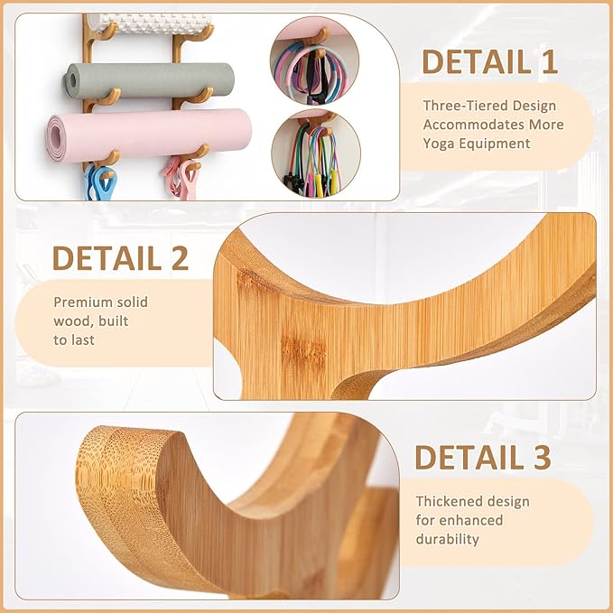 Geelin 3 Tier Yoga Mat Holder Wooden Wall Mount, Yoga Mat Gym Equipment Storage with 4 Hook for Hanging Foam Rollers and Resistance Bands, Storage Holder for Home Gym or Fitness Class