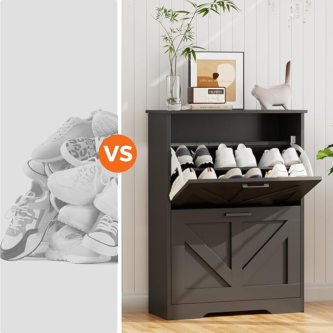 Farmhouse Shoe Cabinet for Entryway with Barn-Style Flip Drawers, Narrow Shoe Storage Organizer with Top Display Shelf, Adjustable Shelves, Shoe Rack for Hallway, Closet- (Black, 24")
