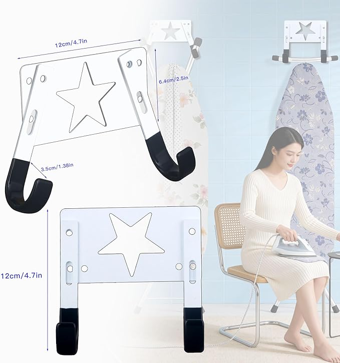 Ironing Board Holder Wall Mount,with Adjustable Hooks， Ironing Board Hanger for T or Y Leg, Laundry Room Wall Hook for Iron Board Holder White