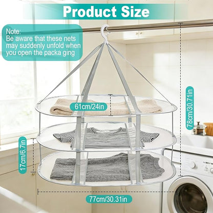 3-Tier Folding Mesh Clothes Drying Rack, Hanging Sweater Dryer for Laundry, Large Foldable Flat Dry Hanger, Portable Mesh Clothes Drying Net for Delicate Garments