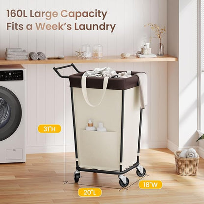160L Laundry Hamper with Wheels and Handle, 2-Section Rolling Hamper for Laundry, Large Laundry Basket with Wheels, Rolling Laundry Basket Clothes Hamper for Home, Bathroom and Dorm(Beige)