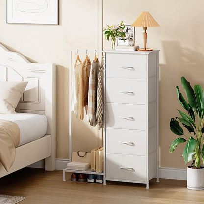 Somdot Dresser with Hanging Rack, 5 Drawers Small Closet for Bedroom, Reversible Dresser with Clothes Rack, Kids Dressers for Bedroom Chest of Drawers, Tall Storage Tower, White Leather