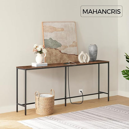 78.7" Console Table with Power Outlet, 11.8" Wide Narrow Sofa Table, Industrial Entryway Table with USB Ports, Behind Couch for Entryway, Hallway, Foyer, Living Room, Rustic Brown CTHR320E01