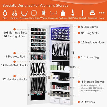 GISSAR Full Length Mirror Jewelry Cabinet, 6 LEDs Jewelry Armoire Wall Mounted Over The Door Hanging, Jewelry Organizer Storage with Lights Lockable, Bright White, 14.6" x 47.2"
