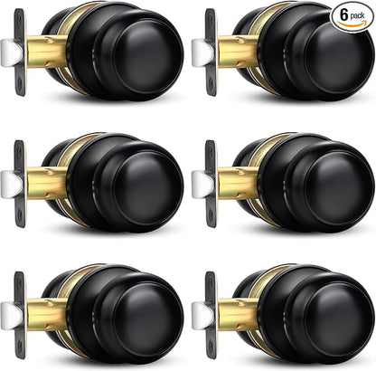 Sopoby Black Door Knob, 6 Pack Round Keyless Doorknobs Interior/Exterior Lockset, Passage Locking Door Knobs for Bedroom/Bathroom, Black Modern Design Door Hardware