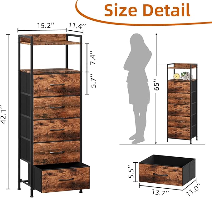 Somdot Tall Night Stand for Bedroom,Tall 5 Drawers Dresser, Vertical Storage Tower Unit, Nightstand Furniture with Fabric Drawer Organizer in Bedside Kids Room, Laundry Entryway, Wood Grain Print