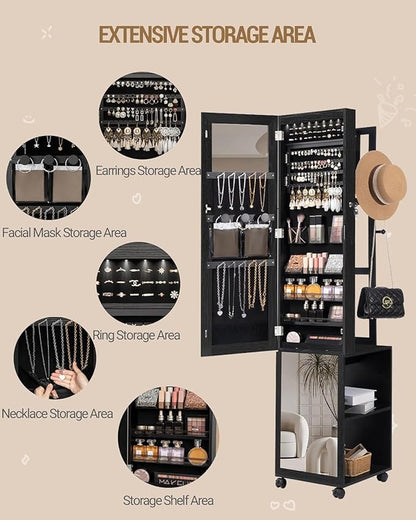 8 LEDs Jewelry Cabinet Armoire, 66.9-inch Jewelry Organizer with Garment Rack, Lockable Full-length Mirror with 4 Wheels, Storage Shelves with Hooks, 5-in-1, Black JC17004B