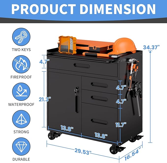 Metal Garage Storage Cabinet with Wheels, Rolling Tool Cabinet with 4 Drawers and 1 Door, Heavy Duty Tool Cabinet with Workbench, Assembly Required, Black