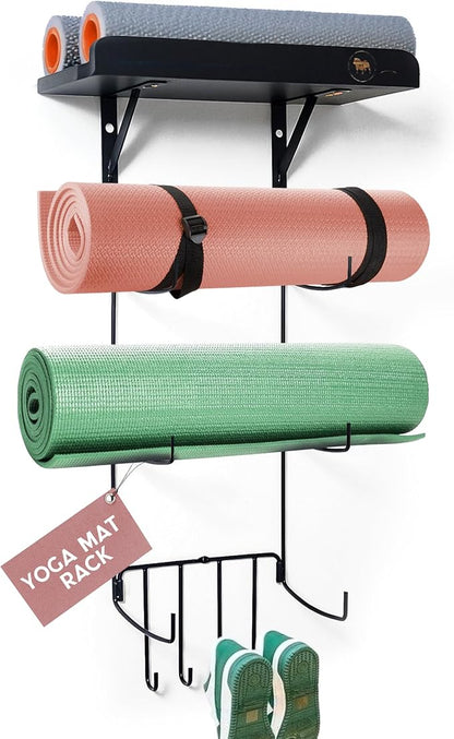 Olivia and Lily Wall-Mounted Yoga Mat Rack with black wood shelf - Organizer for Yoga Mats, Resistance Bands, and Accessories - Home Gym Storage Solution